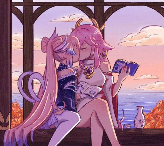 fanart of kokomi and yae miko kissing on their book review date