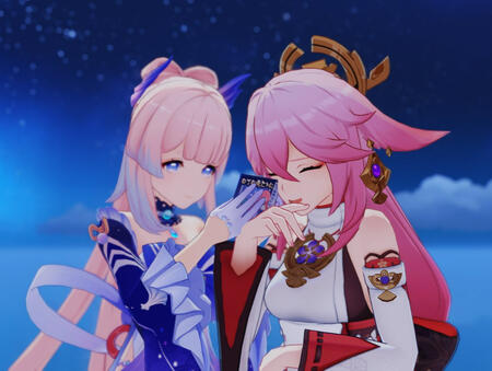 in-game picture of kokomi and yae next to each other.