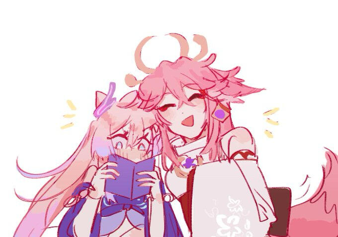 fanart of yae hugging kokomi, while kokomi blushes heavily